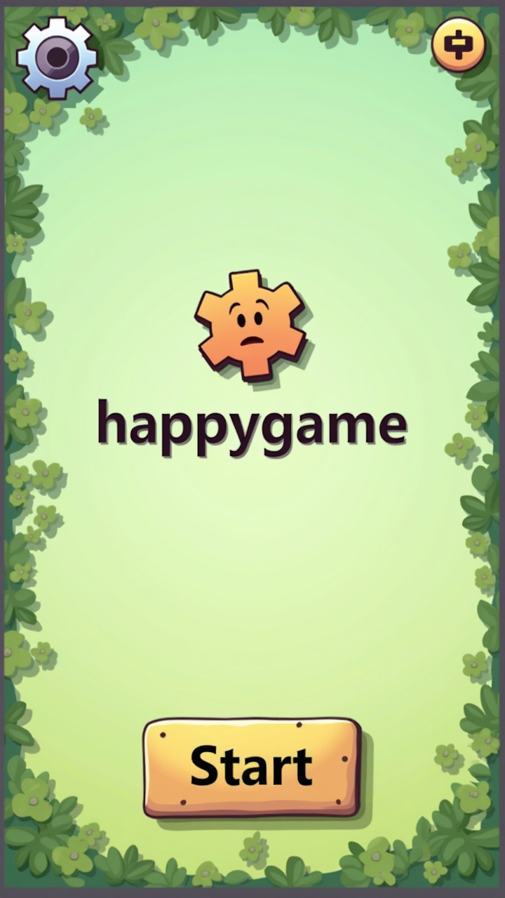 AI generated image by FLUX.1: Game ui, casual cartoon style, gear-shaped settings button in the upper left corner, and the game logo (happygame) is in the middle, the start button is at the top of the bottom of the screen