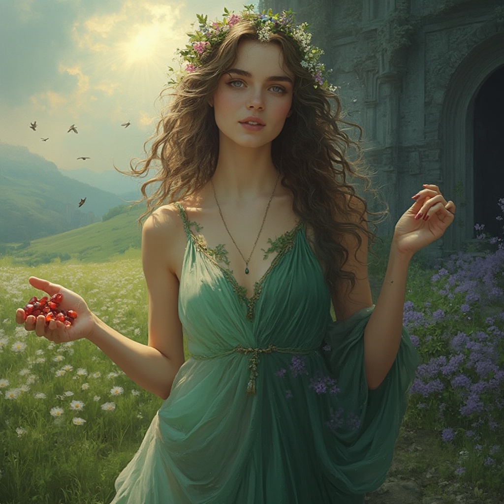 AI generated image by FLUX-Realism-Lora: Create an ultra-realistic image of Persephone, the Greek goddess of spring and queen of the underworld. She should be represented as a beautiful and serene young woman, with long curly hair adorned with spring flowers. In one hand, she holds pomegranate seeds, symbolizing her connection to the underworld, while in the other she holds a bouquet of fresh flowers. Your clothing should be an ethereal robe that flows with colors that evoke both the light of day and the darkness of the underworld, combining green and purple tones. The background must show a dual landscape: a flowering field under the sun on one side and a dark and mysterious underworld on the other, reflecting her duality as a goddess of life and death.
