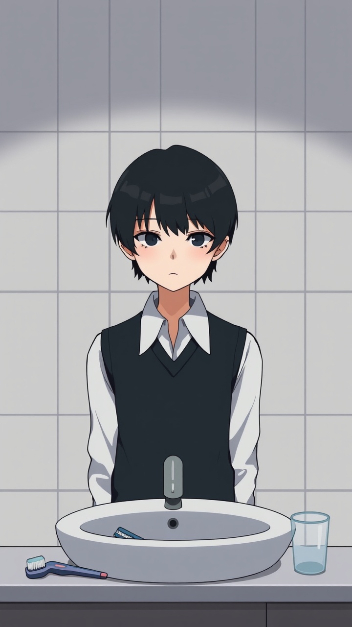 AI generated image by FLUX.1-schnell: Omocat's omori game artstyle, The image depicts a young person standing behind a bathroom sink facing the camera, their expression somber. Sink faces the young person. Their dark hair is neatly styled, and they are dressed in a white shirt with a dark vest. The tiled walls behind them are plain and featureless, creating a sense of isolation. The only other elements in the scene are a toothbrush and a glass on the counter, suggesting a routine that the individual may find difficult to engage in. The overall mood of the image is melancholic, hinting at a sense of loneliness or sadness. The subdued colors and minimalist composition further contribute to the somber atmosphere.  The image leaves room for interpretation, inviting viewers to consider the inner thoughts and feelings of the subject.