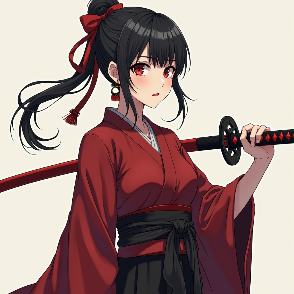 AI generated image by FLUX.1: aesthetic anime young woman with black hair, styled into a traditional ponytail with bangs framing her face. adorned with decorative accessories. her eyes are crimson and she has fair skin with a slender muscular build. she spor a pair of decorative red tassel earrings and wearing crimson long-sleeved haori over a black kimono tied at the waist with a dark red sash and wear matching black colored-hakama, wielding black-red katana on her left hand while wearing a pair of zōri with black straps and white tabi socks she has stoic and cold expression on her face best style and draw
