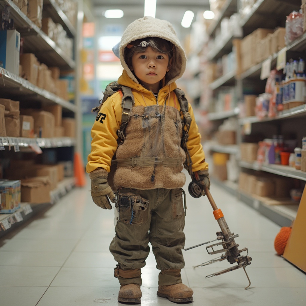 AI generated image by FLUX-Realism-Lora: A 5 year old kid in a cosplay costume made out of items from DIY store. Items used for the costume must be something that a professional would use for home repair, painting or any other type of repair and maintenance but in this case they were used to create costume for a kid. The overall outfit looks cute and funny.