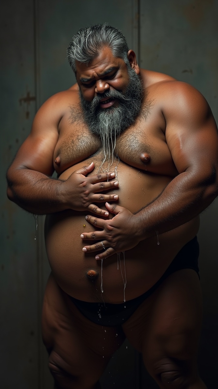 AI generated image by FLUX.1: Danny who is a big pot bellied, obese, dark skinned, hairy, grey haired, lustful, macho, matured hairy dark Tamil alpha male math teacher with thick eyebrows, full plump lips, thick beard and very big beefy and muscular chests is holding Tommy, a stocky student. Danny and Tommy are having a secret affair after class. Both Danny and Tommy are completely naked without clothes on and wet all over. Tommy is caressing Danny's masculine, hairy, big, fat, dark skinned pot round belly with a big belly button. Danny's dark skinned big hairy belly has a big round belly button that is deep. Danny also has fat beefy thighs and big feet. Danny is hugging Tommy very close with both his big strong arms and is spitting a lot of wet strands of saliva with in Tommy's wide open mouth who is sticking his tongue out for Danny. The saliva runs down all over Danny's beard, his big hairy belly, thick thighs and his thick feet. Danny has a thick, erect penis with  low hanging scrotum which is drenched in saliva.