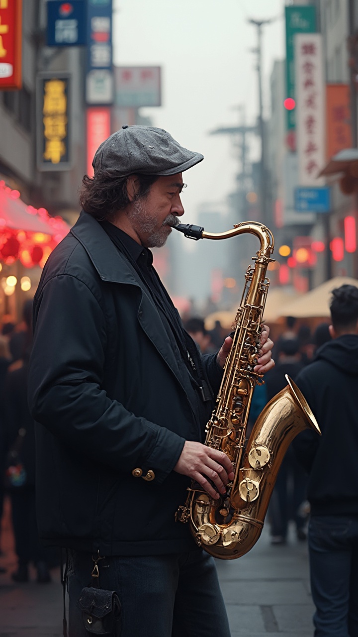 AI generated image by FLUX-Realism-Lora: A realistic and highly detailed photo of a South Korean jazz musician performing on a city street. The musician plays a saxophone with passion, surrounded by a small crowd. The setting is a vibrant urban area in South Korea, 
