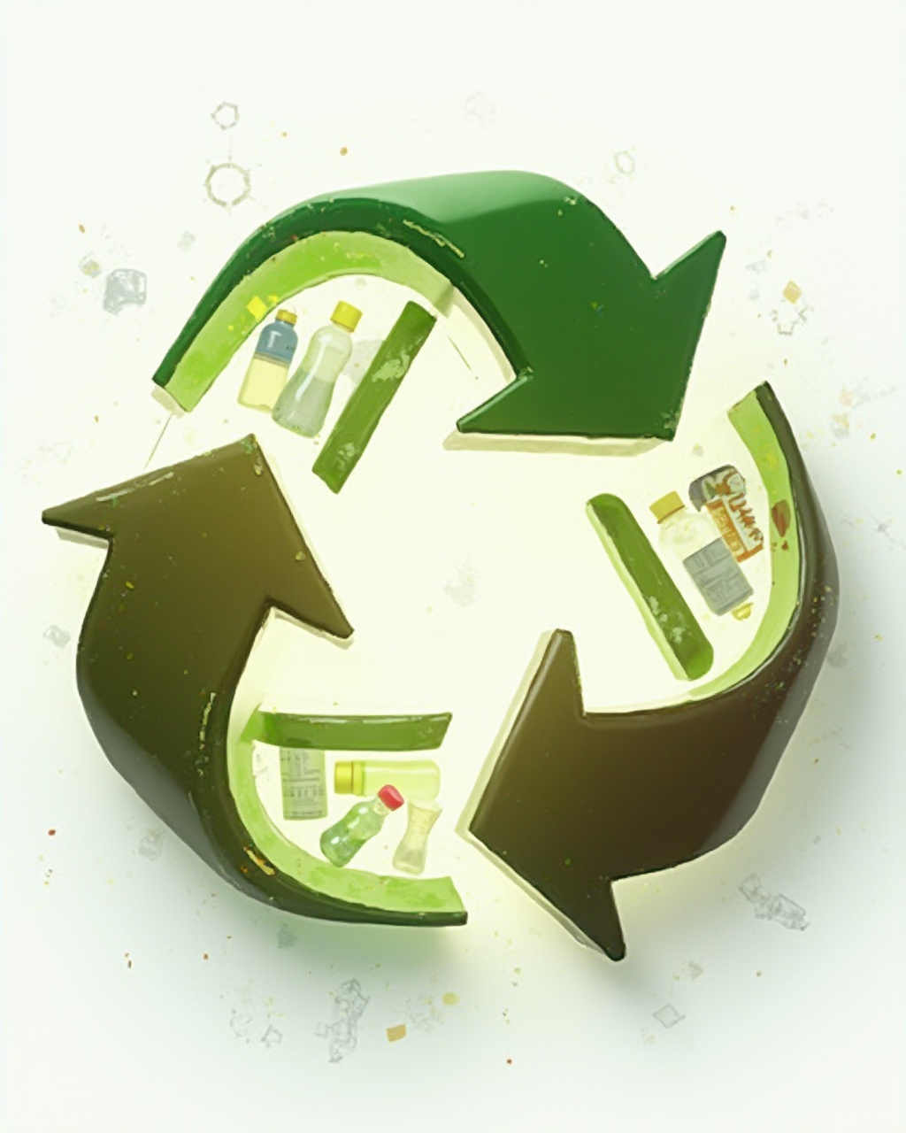 AI generated image by FLUX-Realism-Lora: Generate a circular symbol made of 3D glossy arrows in vibrant green and brown colors. The arrows form a continuous loop, representing the circular economy. Inside the circle, display various plastic objects such as bottles, containers, and packaging, floating or rotating to indicate recycling. The arrows should have a smooth, polished effect with soft reflections to give a modern look. In the background, add subtle molecular icons and thin technology lines, arranged in a balanced and minimalistic style. Ensure the design feels dynamic, bright, and innovative, with a light gradient illuminating parts of the circle for emphasis.