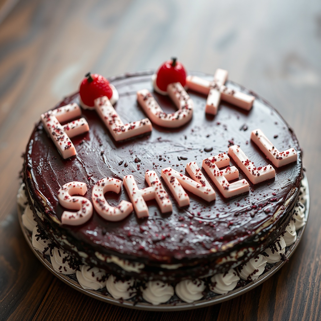 AI generated image by FLUX.1-schnell: black forest gateau cake spelling out the words "FLUX SCHNELL", tasty, food photography, dynamic shot