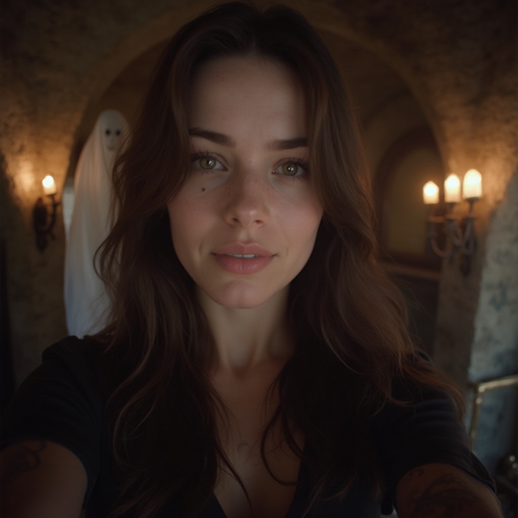 AI generated image by FLUX-Realism-Lora: A young woman, 28 years old, with long brown hair, brown eyes, and a few freckles, takes a selfie inside a medieval castle. The room is illuminated by the soft glow of candles in the background. A ghostly apparition of a castle ghost hovers faintly behind her, creating a haunting yet captivating atmosphere.