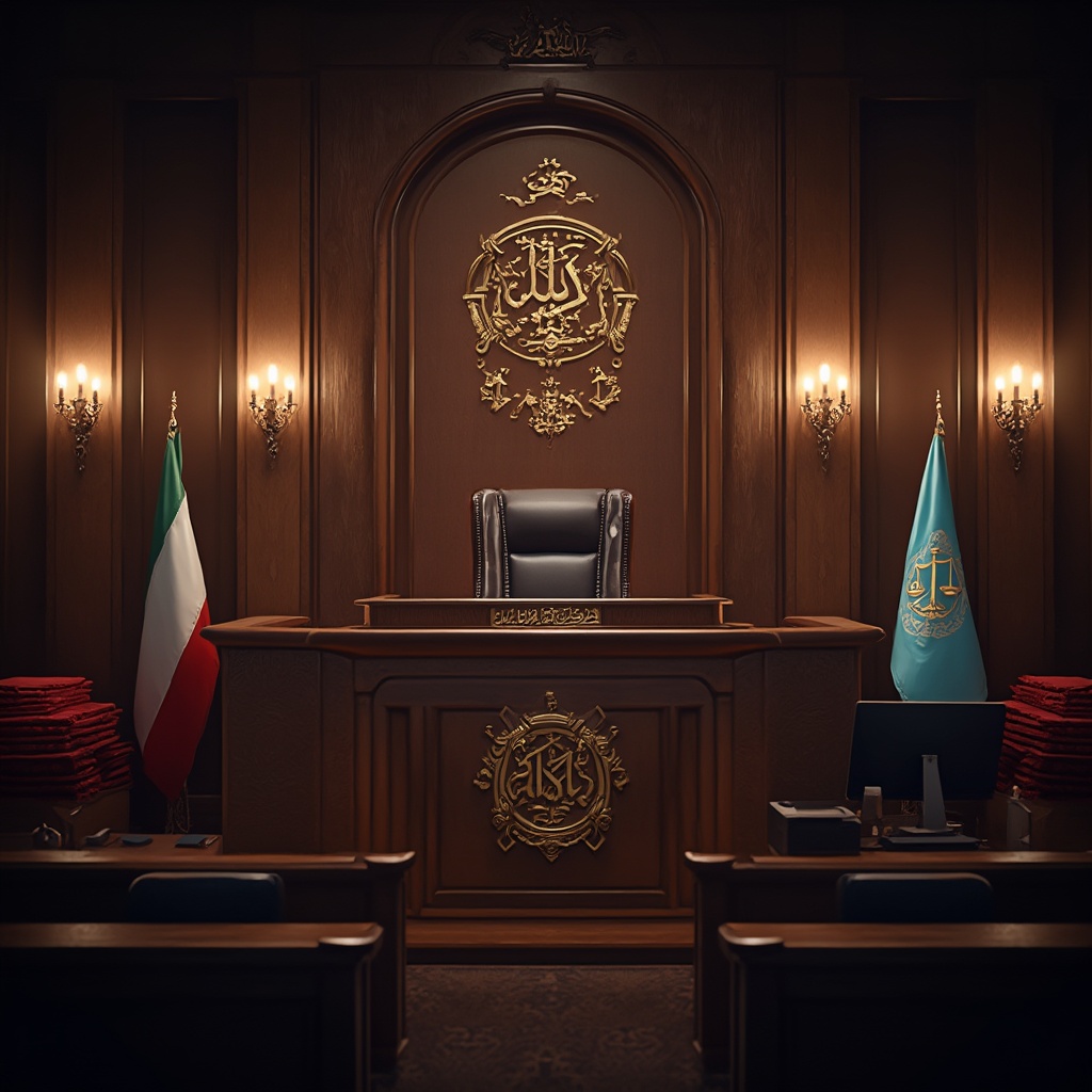 AI generated image by FLUX-Realism-Lora: A solemn, majestic Persian courtroom interior. The judge's bench is elevated and crafted from rich dark wood, adorned with the golden emblem of justice featuring the scales and the symbol of the Islamic Republic of Iran. Behind the bench, a grand arched wooden backdrop displays another golden justice emblem and Persian script engraved above the judge’s chair. Warm ambient lighting glows from elegant wall sconces, casting soft shadows that enhance the atmosphere. To the left, the Iranian flag stands tall next to neat stacks of red case files. On the right, a light blue flag featuring scales of justice complements a modern computer monitor on the assistant's desk. The entire scene exudes authority, tradition, and solemnity, with a touch of modernity. cinematic composition , blue navy , --style raw --stylize 750.0 --ar 2:1 --v 6 