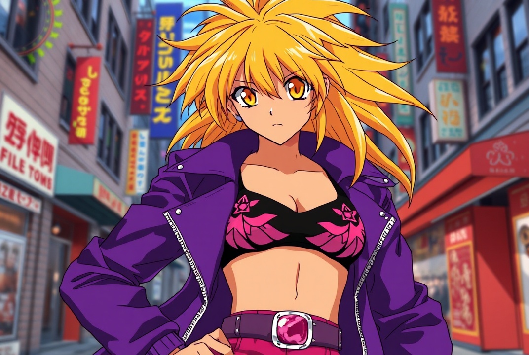 AI generated image by FLUX.1-schnell: takahiro kimura retro anime art, as gaogaigar character, 1997 anime style tv show screencap screenshot, golden orange eyes, big cartoonish eyes, golden yellow fallen grungy messy hair, big lionhair style, long messy spiky hair fringe bangs, tanned skin, purple black leather jacket, purple black leather pants, studded pink belt, black sport bra with pink and white designs, fit attractive femenine body with few muscular abs, woman, pink gem navel piercing, big breast, city street background, better shaders