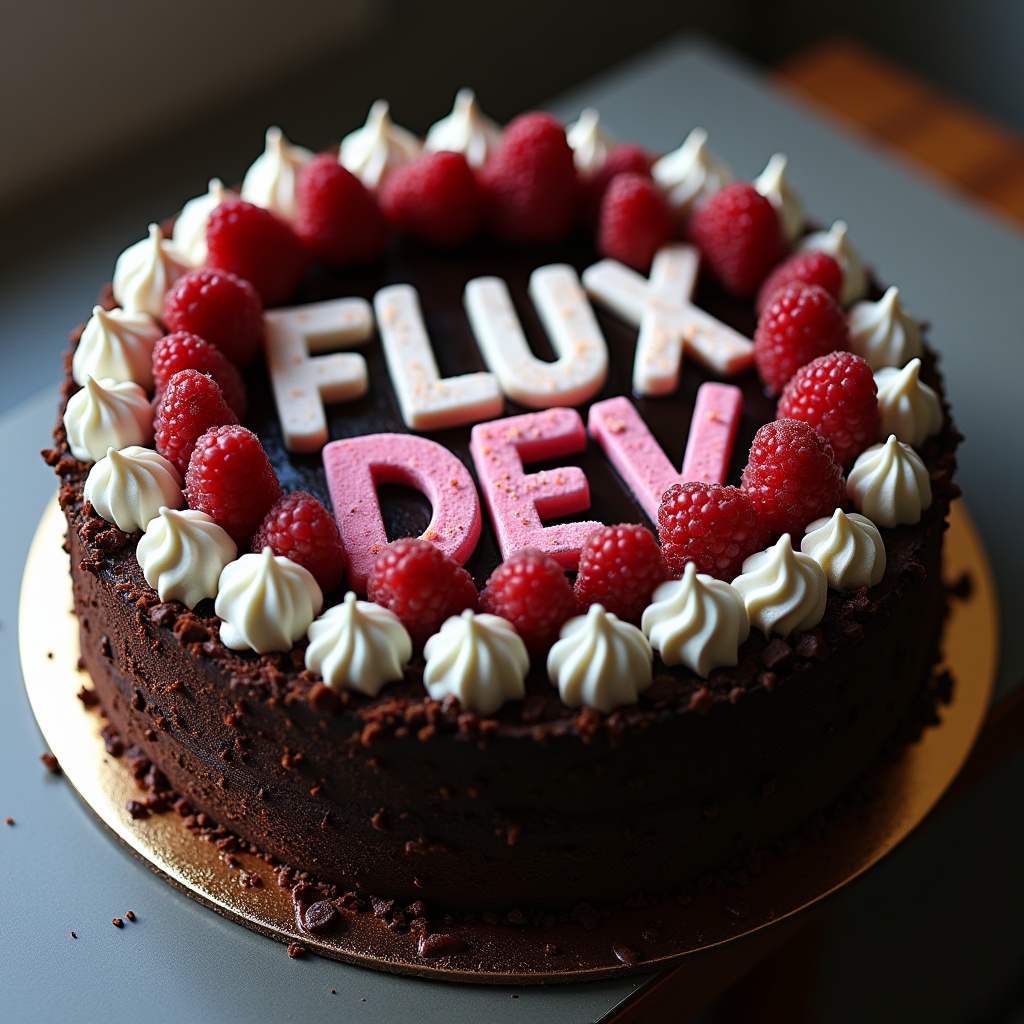 AI generated image by FLUX.1: black forest gateau cake spelling out the words "FLUX DEV", tasty, food photography, dynamic shot