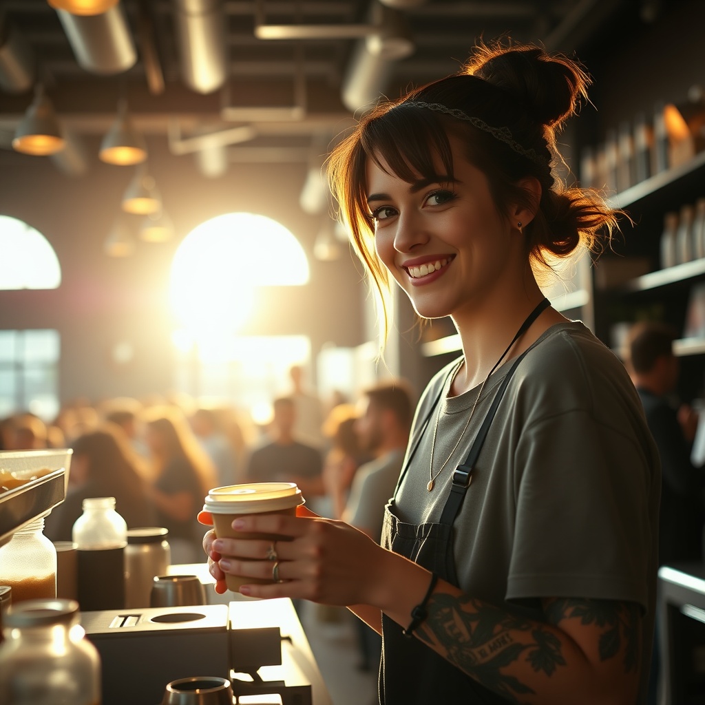 AI generated image by FLUX.1-schnell: Anna Shaffer working as a barista at a crowded coffee urban coffee shop, she's smiling, punk barista, she's serving you coffee in a to go cup with a lid, wearing a tshirt, tattoos, female employee, sunrise coming in through the windows, crowds of people, warehouse architecture, luminescent,  realistic skin, realistic photo, beautiful, gorgeous,  stunning, breathtaking, attractive, exquisite, alluring, mesmerizing, ravishing, splendid, magnificent, graceful, dazzling, striking, enchanting, radiant, resplendent, bewitching, glamorous, 
delightful, enthralling, fascinating, winsome, picture-perfect, captivating, irresistible, confident, Ultra high definition, picture, photograph, ultra realistic, Analog photography, high quality, Fujifilm, 105mm professional photography, dslr, high quality film, Fujifilm xt3, film still, highly detailed, 8K, cinematic lighting, hd, high resolution, intricate detail, digital painting, sharp focus, trending on artstation,  
