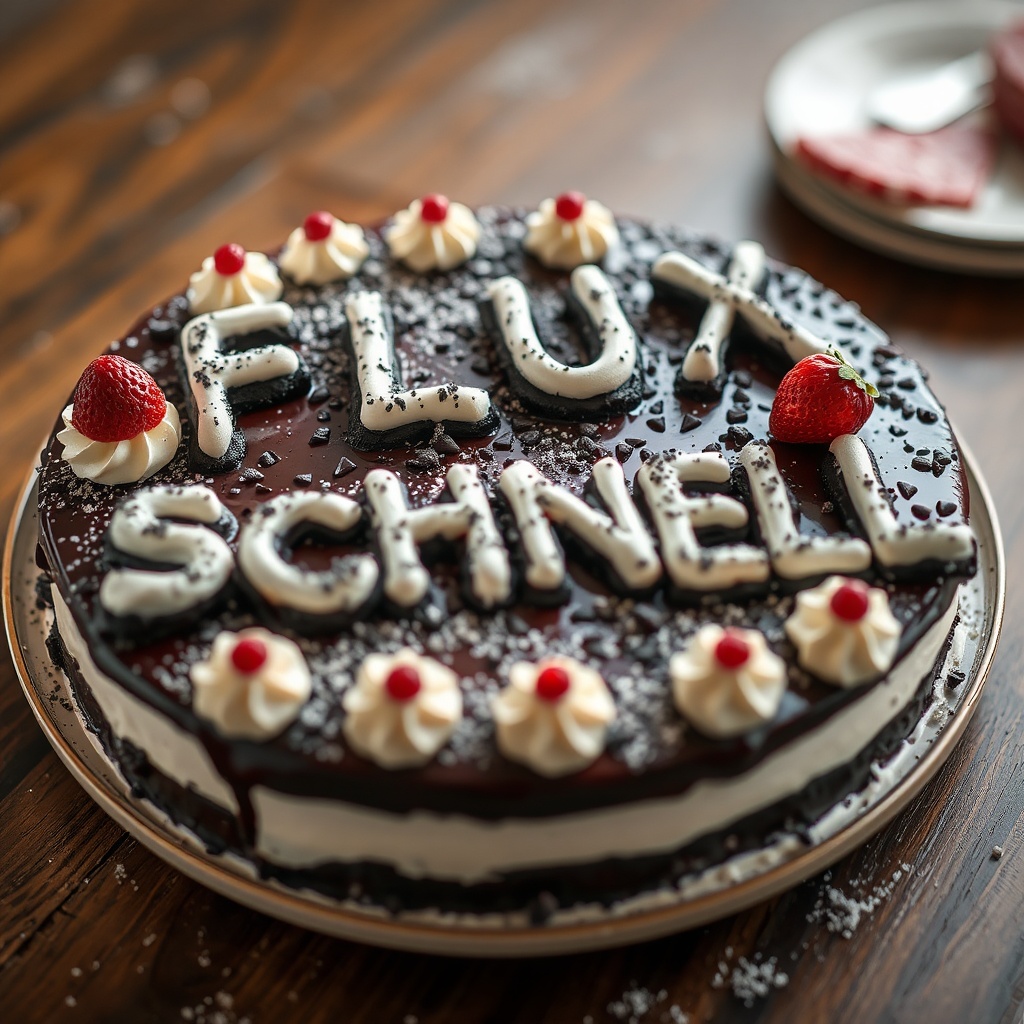 AI generated image by FLUX.1-schnell: black forest gateau cake spelling out the words "FLUX SCHNELL", tasty, food photography, dynamic shot