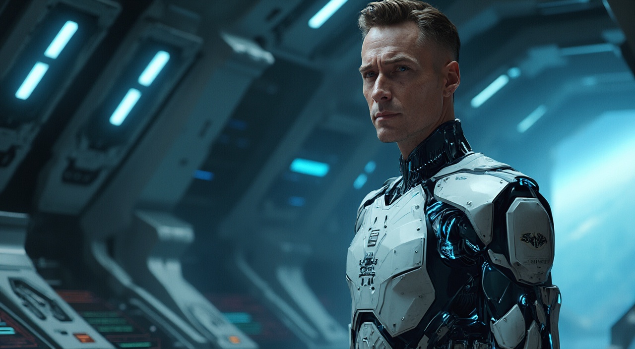 AI generated image by FLUX-Realism-Lora: A photorealistic sci-fi portrait of a starship captain with a humanoid robotic body and the exact head from the provided image. The captain's face is highly detailed, preserving natural skin texture, realistic lighting, and subtle facial expressions. His head is seamlessly integrated onto a futuristic android body, made of a sleek metallic exoskeleton with high-tech joints, glowing blue circuits, and mechanical plating. The robotic body has a strong, commanding posture, with shoulders broad and a chest panel featuring subtle engraved insignia of a galactic fleet. He should be staying front 

The captain is standing inside a high-tech starship bridge, surrounded by glowing control panels, holographic displays, and an expansive window showing deep space with stars and planets in the distance. The lighting is a mix of cool blue and soft white ambient reflections, emphasizing the futuristic aesthetic.

The composition is highly cinematic, with sharp details, dramatic contrast, and a sense of leadership and authority. The captain’s uniform integrates both robotic plating and subtle fabric elements, making it a hybrid of advanced machinery and human design. The overall mood is epic and powerful, capturing the essence of a legendary space commander.

The final image should be ultra-realistic, highly detailed, and immersive, ensuring the perfect fusion of human and machine in a cutting-edge sci-fi universe
