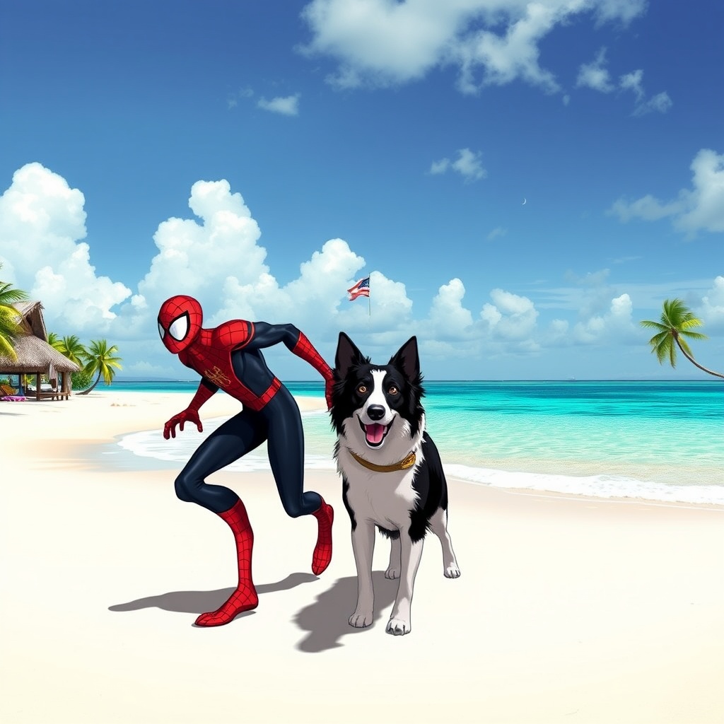 AI generated image by FLUX.1-schnell: image de spiderman et Babar qui promène en laisse un border collie noir et blanc sur une plage paradisiaque