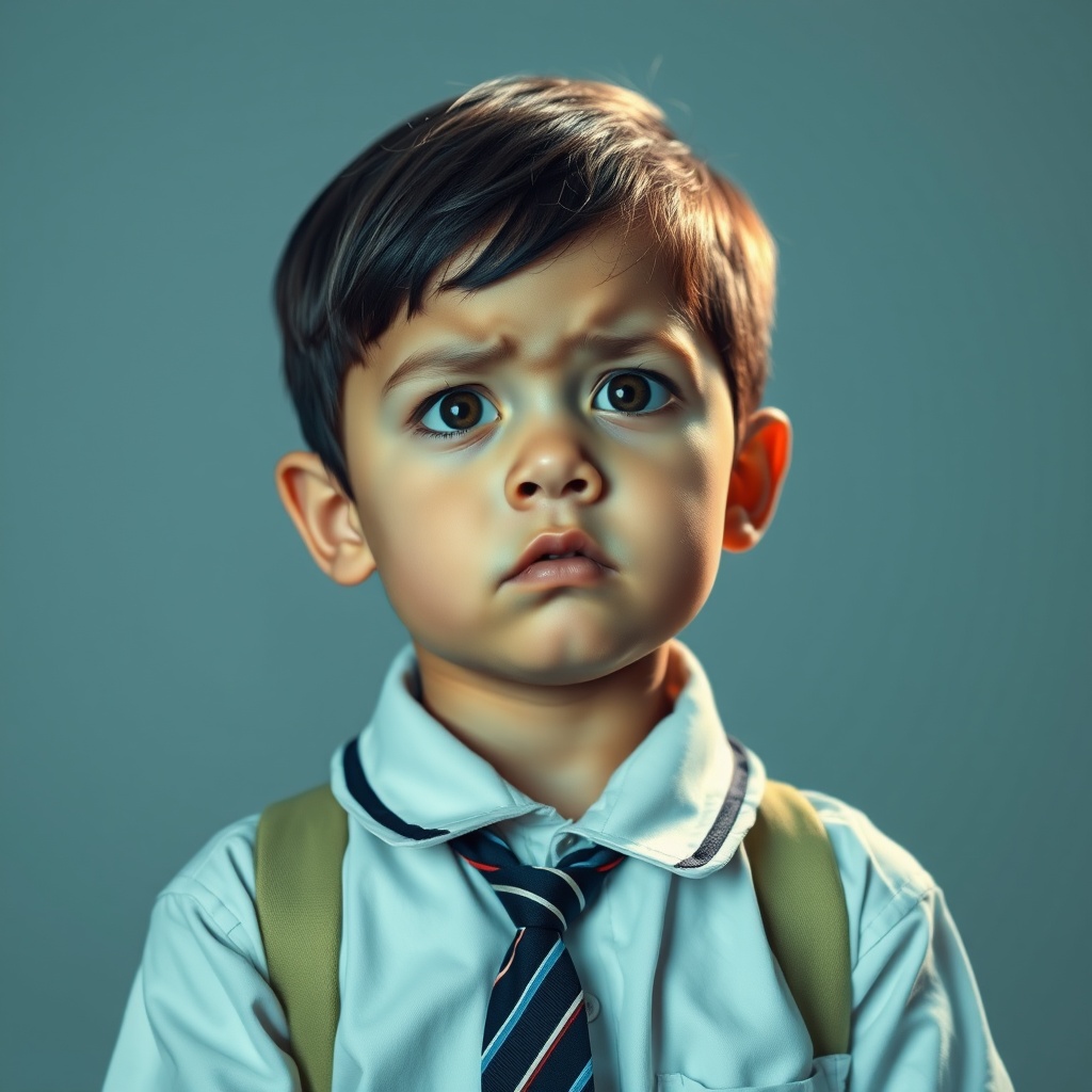 AI generated image by FLUX.1-schnell: A school child in a school uniform who is anxious and worried.