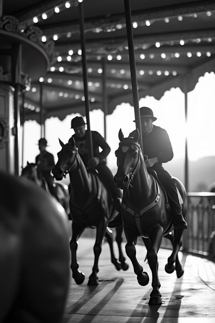 AI generated image by FLUX.1-pro: A closeup black and white photo of jockeys riding carousel. The race contest is very intense and dramatic. Motion blur. Backlight 