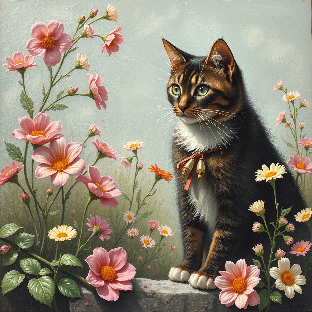 AI generated image by FLUX.1-schnell: CATS AND FLOWERS