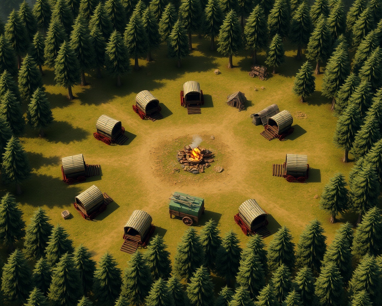 AI generated image by FLUX.1-schnell: Vibrant TTRPG BATTLEMAP that contains a circle of 9 wagons and makeshift horse pen in a forest clearing. There is  a central cooking fire and a number of tents. In the style of WOTC