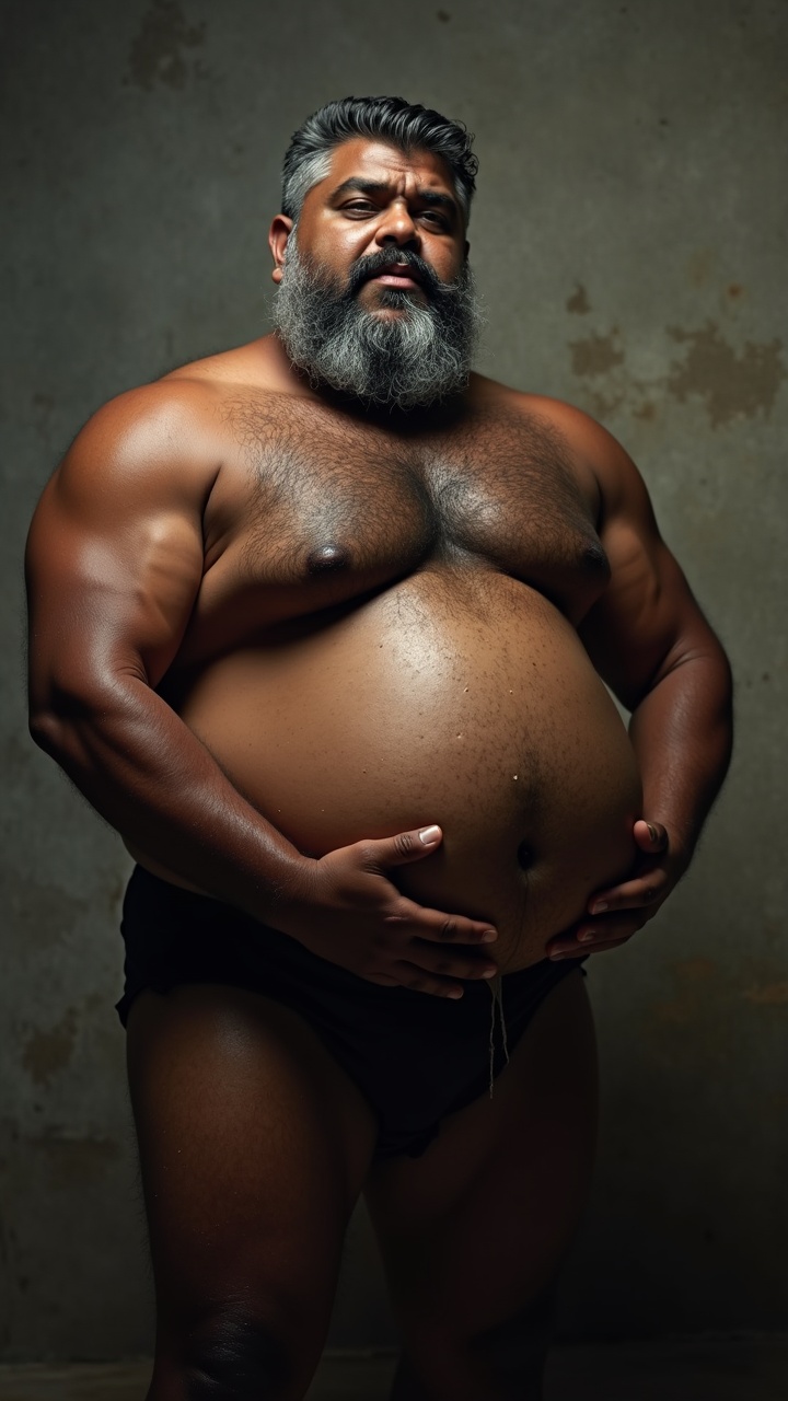 AI generated image by FLUX.1: Danny who is a big pot bellied, obese, dark skinned, hairy, grey haired, lustful, macho, matured hairy dark Tamil alpha male math teacher with thick eyebrows, full plump lips, thick beard and very big beefy and muscular chests is holding Tommy, a stocky student. Danny and Tommy are having a secret affair after class. Both Danny and Tommy are completely naked without clothes on and wet all over. Tommy is caressing Danny's masculine, hairy, big, fat, dark skinned pot round belly with a big belly button. Danny's dark skinned big hairy belly has a big round belly button that is deep. Danny also has fat beefy thighs and big feet. Danny is hugging Tommy very close with both his big strong arms and is spitting a lot of wet strands of saliva with in Tommy's wide open mouth who is sticking his tongue out for Danny. The saliva runs down all over Danny's beard, his big hairy belly, thick thighs and his thick feet. Danny has a thick, erect penis with  low hanging scrotum which is drenched in saliva.