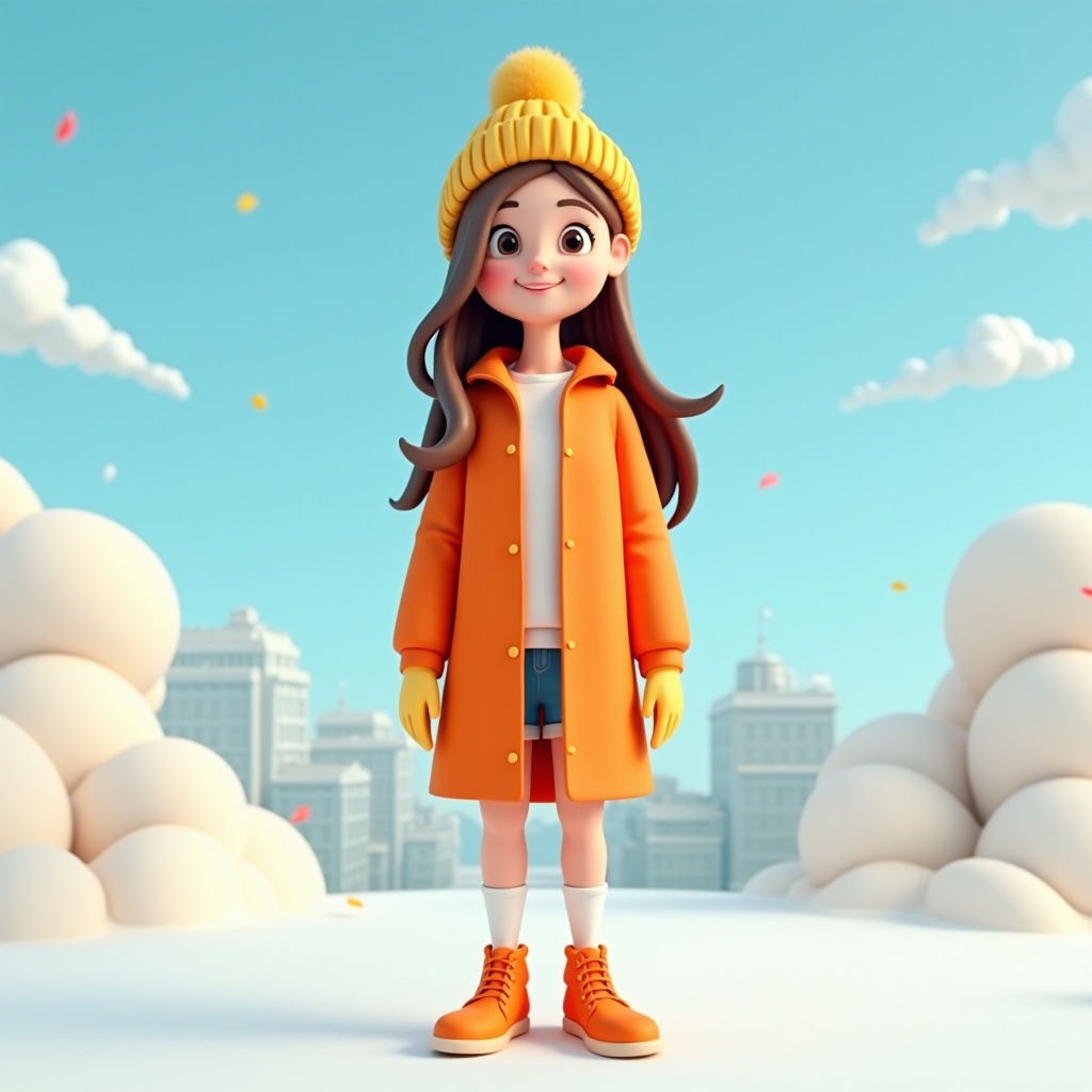 AI generated image by FLUX.1: 3D, C4D, 1 woman, 20 years old, college student, orange shoes, solo, sky, clouds, outdoor, brown hair, yellow cotton hat, frontal, smile, blue sky, white socks, daytime, orange jacket, building, long sleeves, leaves, long hair, winter, clear sky, snowy weather