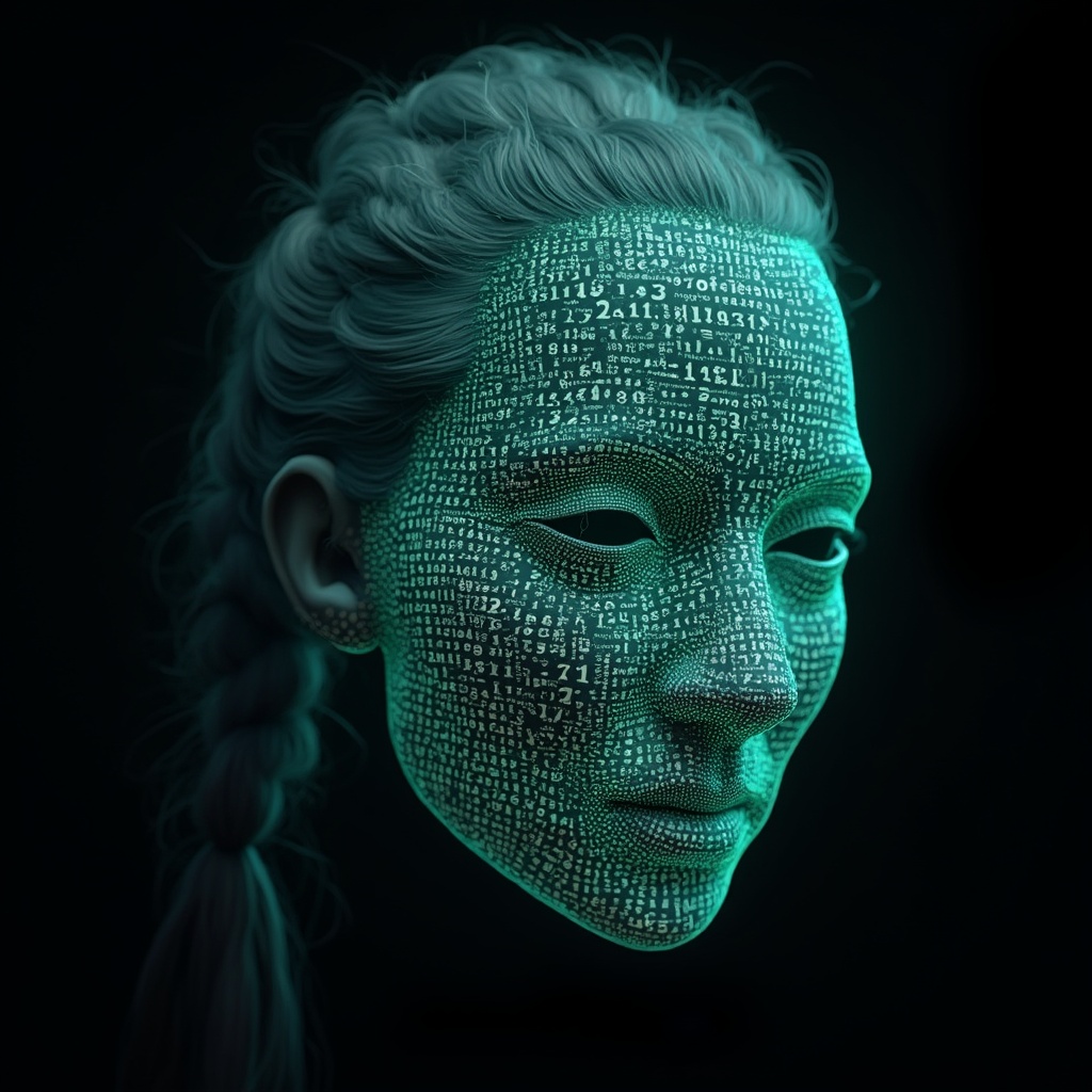 AI generated image by FLUX-Realism-Lora: Emmy Noether's face as a digital mask made from thousands of bright turquoise numbers and formulas forming her face. (she has a round, fat face is 45 years old and has long hair which is made into a plait. She has slightly swollen eyelids) The formulas and numbers fly behind the mask leaving a trail of complexity. The mask is floating dynamically in mid air. Her head is slightly turned to the right but her eyes are looking directly into the camera. The mask is on a black background. Like a png with black only background. Photo realistic, sci-fy