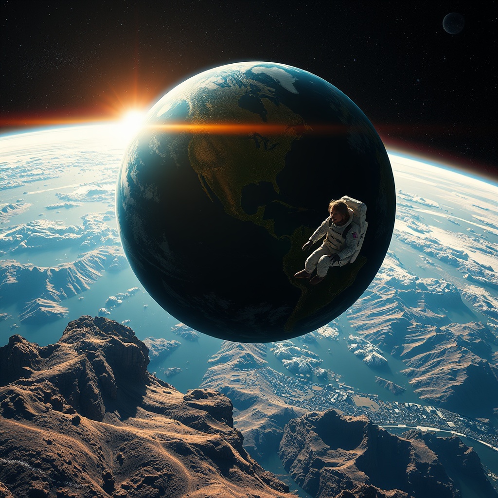 AI generated image by FLUX.1-schnell: UNA CHICA MIRANDO LA A TIERRA DESDE UNA NAVE ESPACIAL