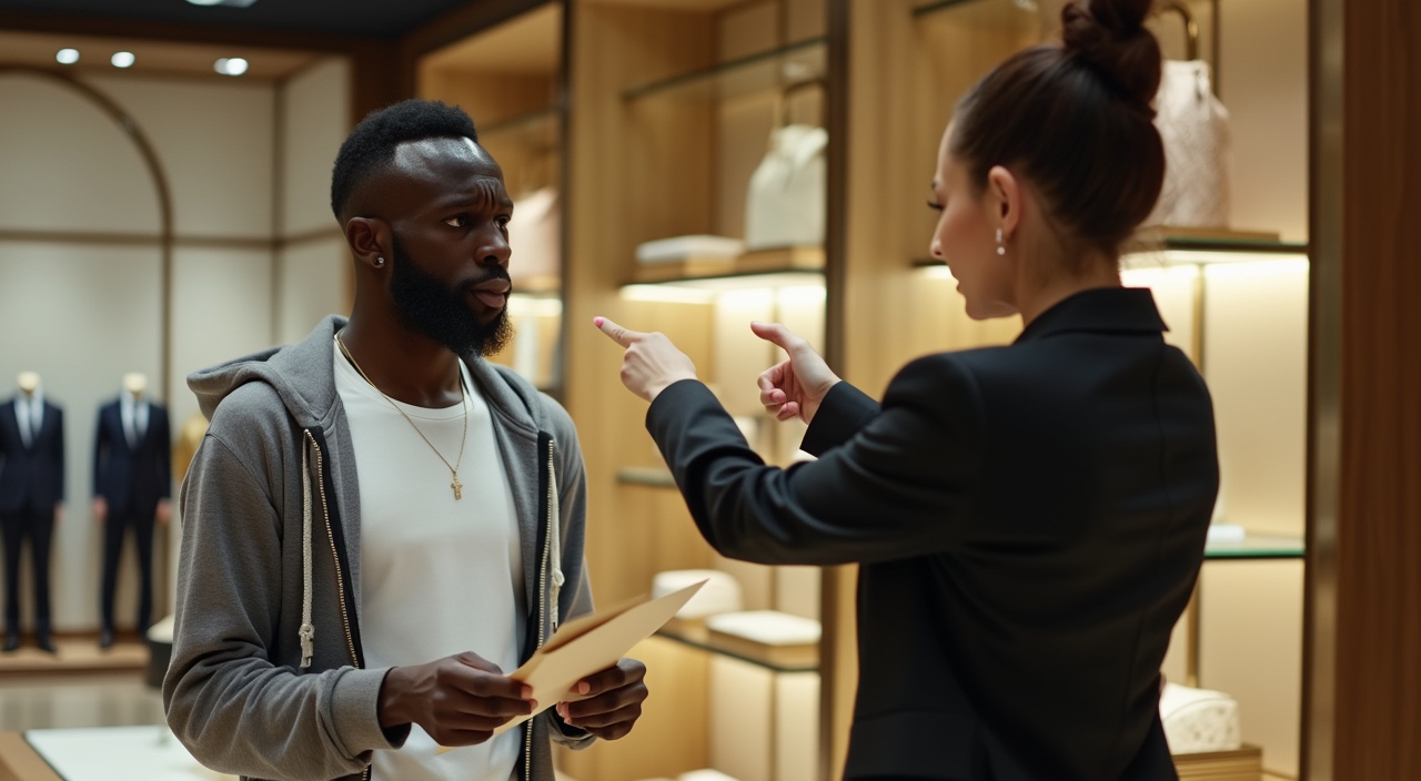 AI generated image by FLUX.1-pro: Create an image inside a luxury store, featuring Sadio Mané, dressed in a white t-shirt and a grey sports jacket, holding an envelope in his hands with a confused expression. In front of him, there is a woman in a black suit with her hair tied up, pointing at him aggressively as if kicking him out of the store. The background should display the interior of a high-end store with sleek shelves and modern, luxurious details. There should be no text, symbols, or additional elements, just focusing on the interaction between the two characters."