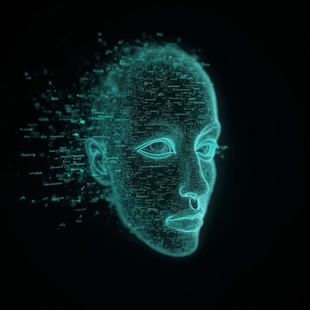 AI generated image by FLUX-Realism-Lora: Emmy Noether's face as a digital mask made from thousands of bright turquoise numbers and formulas forming her face. The formulas and numbers fly behind the mask leaving a trail of complexity. The mask is floating dynamically in mid air. Her head is turned to the right but her eyes are looking directly into the camera. The mask is on a black background. Like a png with black only background. Photo realistic, sci-fy