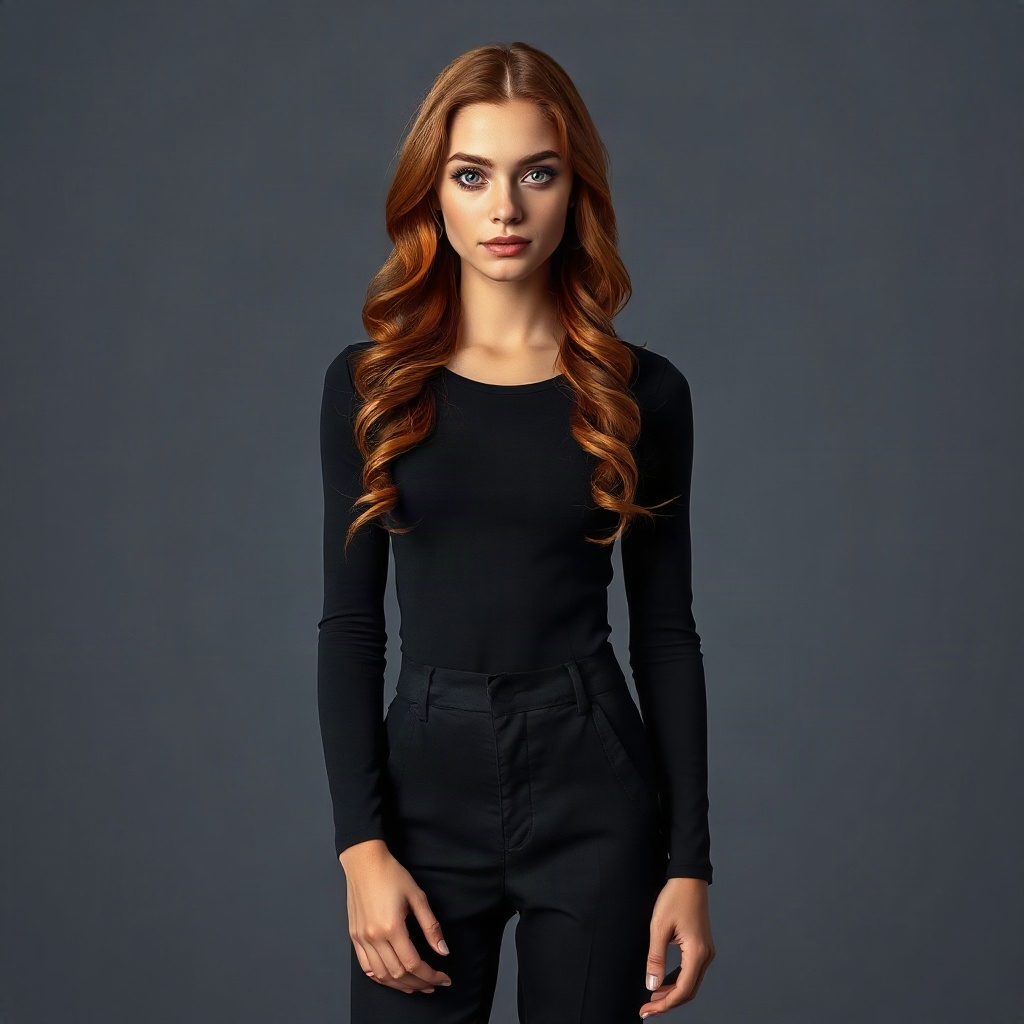 AI generated image by FLUX.1-schnell: A highly photorealistic full-body studio portrait of a young adult European woman, 25–28 years old, with refined natural European facial features, fair warm skin with realistic pores and subtle imperfections. Long, vivid fiery copper-red hair, naturally wavy with realistic individual strands and rich dimensional color. Clear bright blue eyes, expressive gaze, defined cheekbones, natural eyebrows, straight proportional nose, naturally full lips, balanced symmetrical facial features.

She is approximately 175–178 cm tall with a feminine hourglass figure and realistic proportions, approximately 100/60/90. Narrow waist, defined hips, proportional bust, long slender legs, healthy fit physique and natural anatomy.

She wears a fitted black long-sleeve top, high-waisted dark trousers and minimalist shoes. Modern sophisticated fashion, form-fitting but tasteful and non-revealing. No logos, text or distracting accessories.

Full-body front-facing composition, standing naturally with relaxed arms at her sides and feet slightly apart. Looking directly into the camera with a calm, confident neutral expression. Entire body visible from head to feet.

Professional fashion photography, neutral seamless studio background, soft diffused studio lighting with subtle rim light, realistic shadows, natural skin tones, physically accurate lighting, detailed hair and fabric textures, sharp facial details, cinematic natural color grading, realistic depth of field, high-end editorial photography, extremely detailed and lifelike.

Primary goal: consistent recognizable facial identity, accurate anatomy and stable body proportions, suitable as a master reference for a character sheet and future image generations.

Negative: cartoon, anime, illustration, CGI, 3D render, doll-like face, plastic skin, beauty filter, excessive makeup, distorted anatomy, unrealistic proportions, extra fingers, malformed hands, extra limbs, duplicate body parts, blurry face, low detail, artifacts, text, logo, watermark.