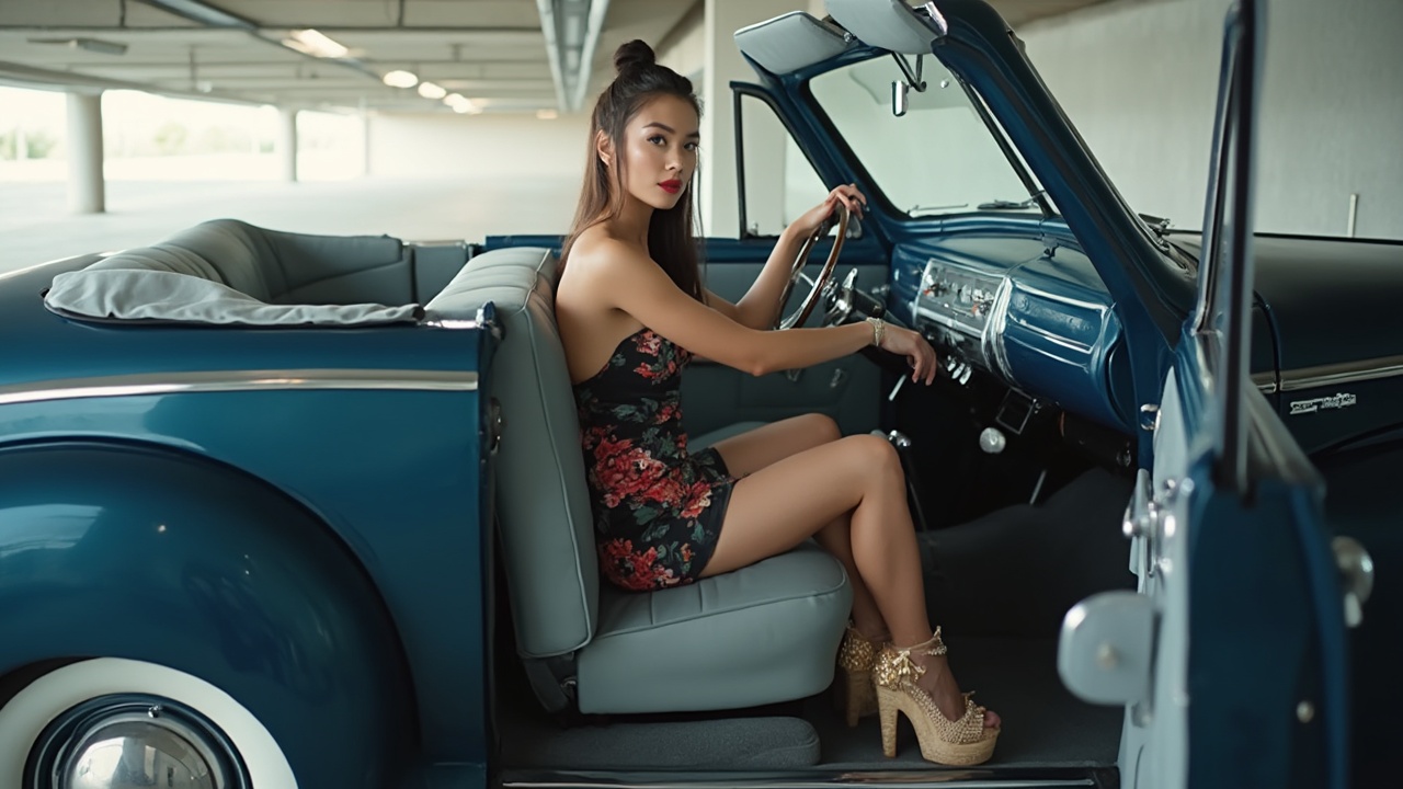 AI generated image by FLUX-Realism-Lora: Bright indoor garage under upscale office building. Dark blue 1948 Chevrolet convertible with the top down sitting in a parking space with driver’s side door open. Bench seat covered in light grey leather. Light grey carpet.  Gorgeous very petite (150 cm. tall) young woman about 30. Short stature, hourglass figure. Long brown hair in a bun. Bright red lipstick eye makeup. Slight smile. Sleeveless, strapless tube minidress with floral design on dark background. Straw-covered ultra high wedge slides with floral accent on vamp. Woman sitting in driver’s seat facing front. Feet on the floor. Camera positioned just behind and above driver's left shoulder. Camera focused on pedals and feet.  Pedals visible. 