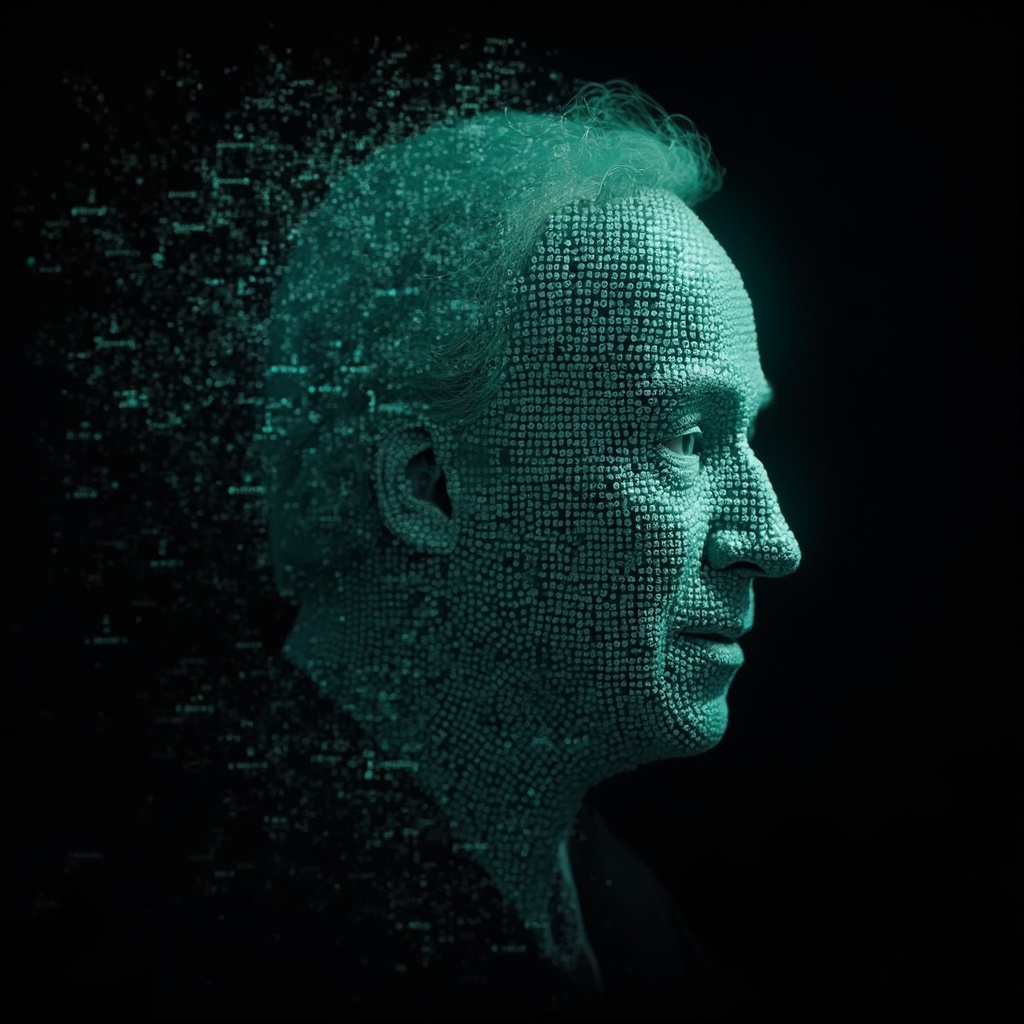 AI generated image by FLUX-Realism-Lora: Richard Feynman's face as a digital mask made from thousands of bright turquoise numbers and formulas forming his face. The formulas and numbers fly behind the mask leaving a trail of complexity. The mask is floating dynamically in mid air. His head is turned to the right but his eyes are looking directly into the camera. The mask is on a black background. Like a png with black only background. Photo realistic, sci-fy