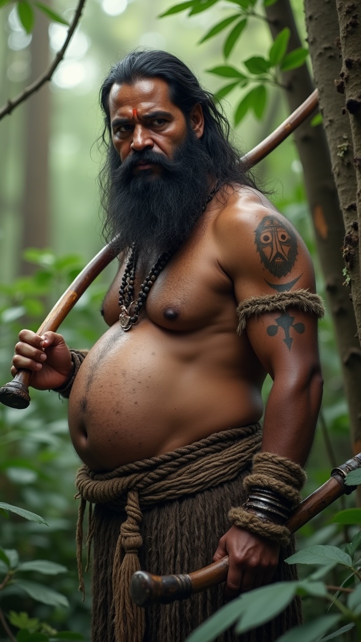 AI generated image by FLUX.1: A hairy Indian man pregnant with a loinclothes and carrying warrior tribal weapons in the jungle, orc mouth face teeth, mid 30, realistic style, high detailed skin, acurate indian face, 