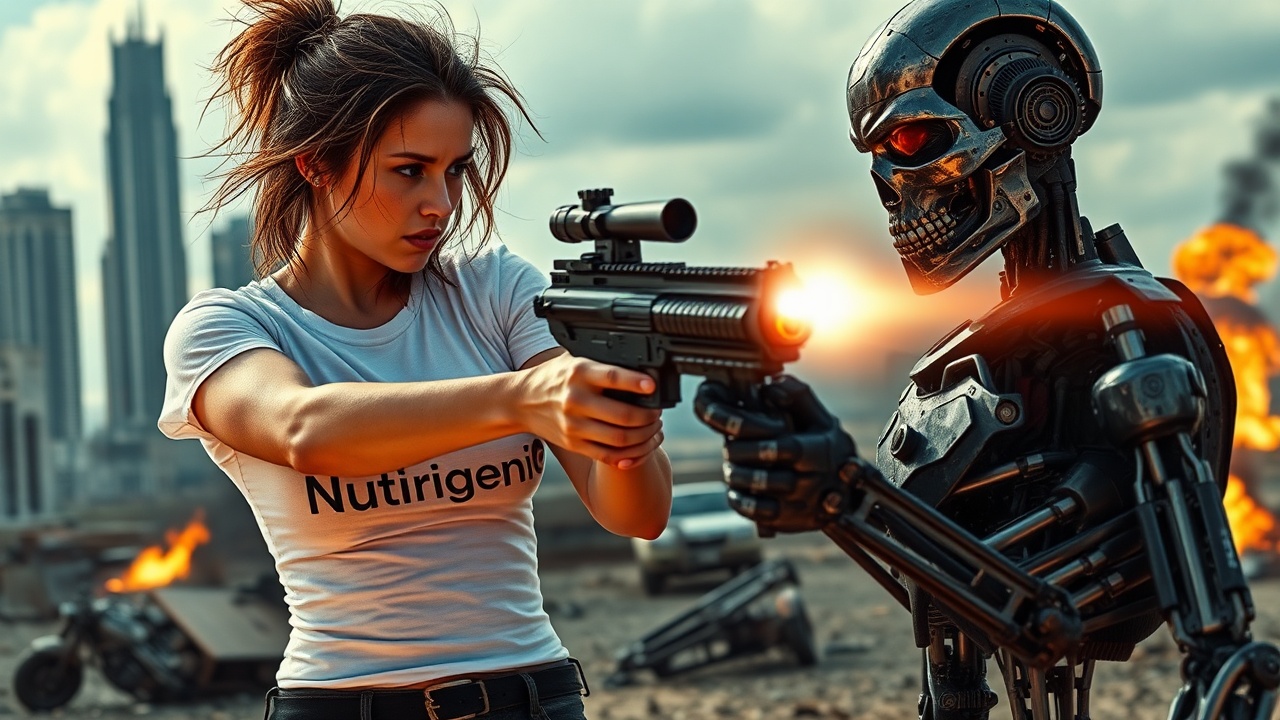 AI generated image by FLUX.1-schnell: A dirty young woman with dishevelled hair, wearing a tight-fitting white t-shirt clearly displaying the "NutrigeniQ" logo. She decisively shoots an ugly Terminator with a high-tech laser rifle. The scene is set in a post-apocalyptic cityscape, with crumbling skyscrapers and burning overturned vehicles in the background. The sky is filled with distant explosions., action scene, Terminator style