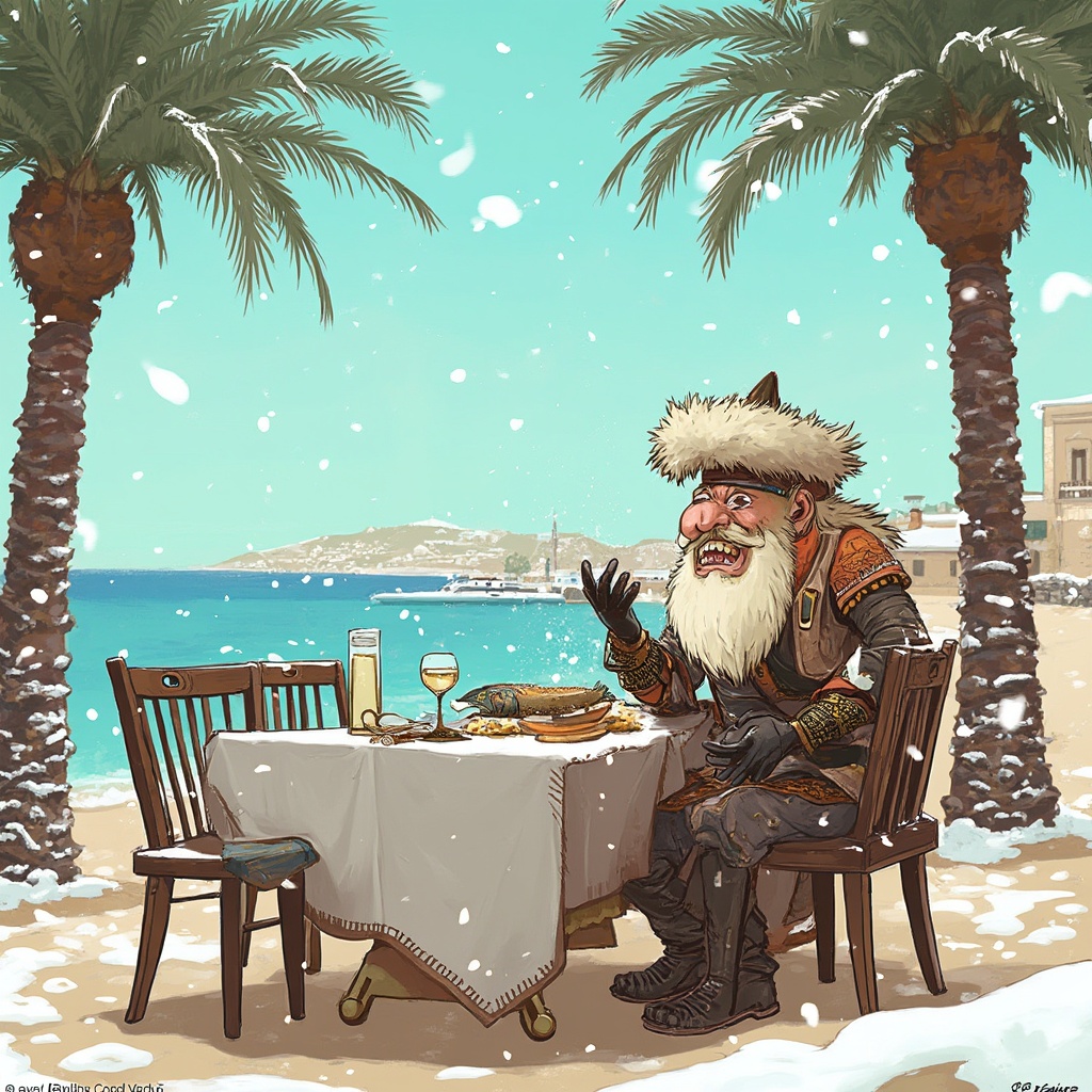 AI generated image by FLUX-Realism-Lora: Illustrate Vegeta on the island of Djerba, enjoying a surreal scene. He’s sitting at an outdoor table by the sea, eating a grilled sea bass, while light snow falls around him in contrast to the typically warm landscape. Vegeta, wearing a traditional Tunisian wool hat (chachia) with his usual Saiyan armor, starts dancing to lively Tunisian folk music. Palm trees dusted with snow frame the scene, and Djerba’s sandy beach is covered in a delicate layer of snow, creating an unusual blend of winter and Mediterranean vibes. Vegeta looks both amused and slightly out of his element, but he’s fully immersed in the joyful moment.