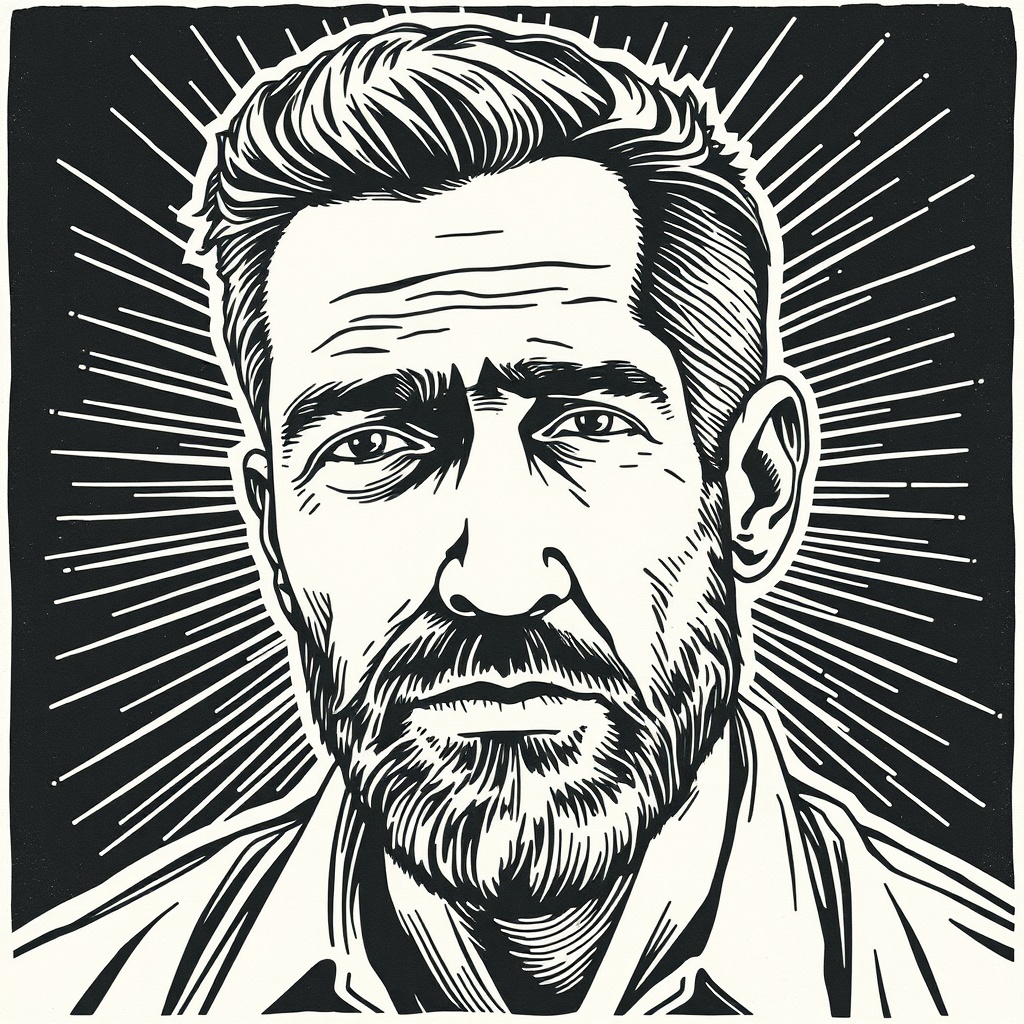 AI generated image by FLUX.1-schnell: rostro de hombre en estilo linocut, woodcut, lineart
