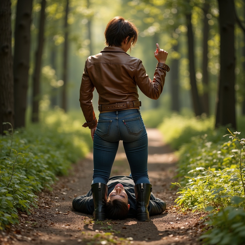 AI generated image by FLUX.1: Forest path. sunny. A thirty -year -old European brown -haired woman with a medium haircut, very large, strong, muscular, with thick thighs in tight jeans, a short light leather jacket, black boots, showing her hand gesture of victory, on his knees from the back side clamped between her wide thigh and thick caviar, the head of a flimsy screaming thin young man in the long training pants and sneakers lying upward between her legs and resisting. Top view.