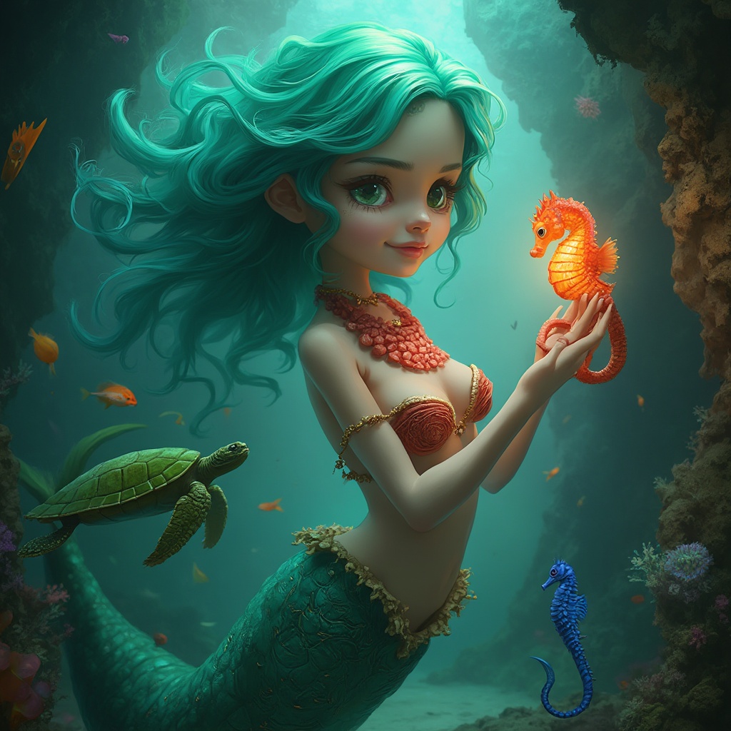 AI generated image by FLUX-Realism-Lora: HYPER REALISTIC, highly detailed PHOTOGRAPHY  featuring a mermaid with a slender, fair-skinned physique and vibrant teal hair that flows like seaweed. She has a serene expression and is adorned with a red seashell necklace that rests on her chest. Her large, expressive eyes are a striking shade of green, matching her hair. The mermaid's upper body is human-like, with a bare, smooth torso, while her lower body transitions into a long, sinuous, teal-colored tail with golden rings. The mermaid is surrounded by a variety of marine life, including a green turtle, a colorful fish, and a blue seahorse, all rendered in exquisite detail. She holds a glowing orange seahorse in her right hand, and the light emanating from it illuminates her face and the surrounding water. The background is an underwater cavern with a mix of dark and light tones, with light filtering through the water, creating a mystical atmosphere. Various coral formations and marine plants are scattered throughout the scene, adding to the richness of the underwater environment. The textures are smooth and polished, with a glossy finish, emphasizing the fantastical and ethereal quality of the artwork.