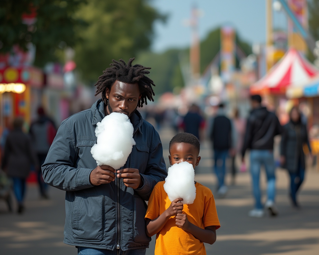 AI generated image by FLUX.1-pro: Image Type: Realistic photograph
Main Subjects: Two people — a dark-skinned boy aged 7 and his white father, 40 years old with dark hair — both eating from just one white candyfloss at a funfair
Scene: It's midday in May and sunny
Composition: The two subjects are standing in the middle of the path; no other people are visible in the frame, only a slightly blurred funfair in the background
Time and Lighting: Sunny and chilly
Shot: Taken from the front using a Nikon Z8