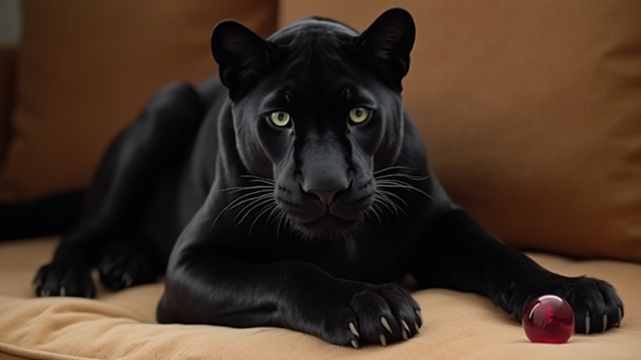 AI generated image by FLUX-Realism-Lora: Schwarzer Panther, sitzend, mit leuchtend grünen Augen, erhobener Kopf. Panther gähnt. Auf einer sandfarbenen Couch. Die rechte Pfote des Panthers auf einer roten Glaskugel 10 cm liegend. Hintergrund verschwommen. Kamera von seitlich links oben 110 cm, Beleuchtung: Lichtspot von rechts vorne auf den Kopf