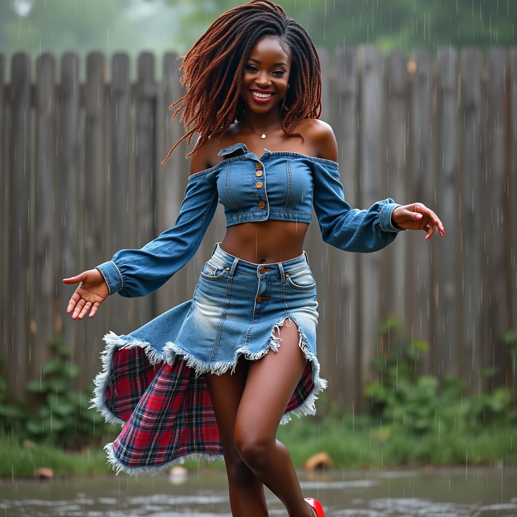 AI generated image by FLUX.1-pro: An African-American stunning woman with dark copper twists in her hair, dancing in the rain. She had a beautiful smile and a soft face. She is wearing a high neck cold shoulder denim crop top with button details and a frayed hem, paired with an acid washed denim mini skirt with asymmetrical layers of plaid fabric in red, white, and purple. She has sleek, red heels . The scene is in front of a wooden plank fence, with gigantic raindrops and a reflective water puddle. The image includes  3D elements, and  a touch of 
realism, in an artistic digital watercolor and enamel oil style with ultra-high definition.


