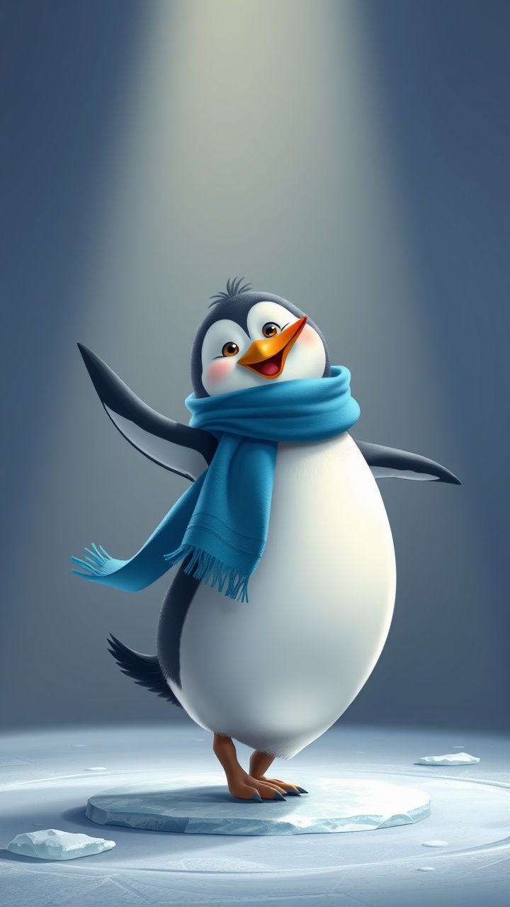 AI generated image by FLUX.1-schnell: A dancing baby penguin, one flipper up, one leg raised, spinning on icy ground, blue scarf flowing, spotlight effect, studio background, high detail, 4k cartoonish style 
