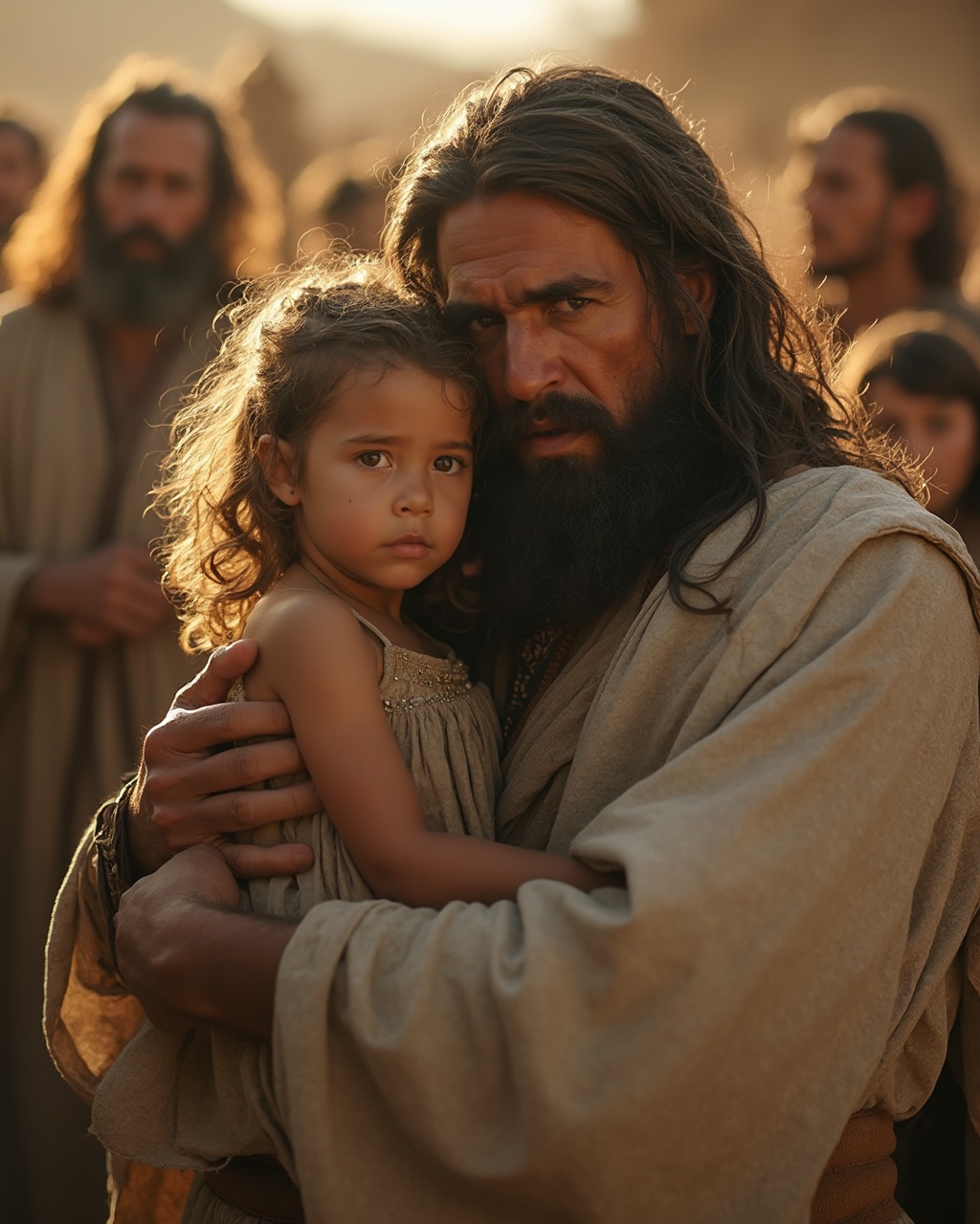 AI generated image by FLUX-Realism-Lora: A close-up, emotional cinematic scene featuring a man resembling Jesus, with a bearded face, long flowing hair, and dressed in ancient, earth-toned robes, cradling a young girl in his arms. The camera initiates an ultra-smooth, slow dolly-in movement, intensely focusing on their expressions in hyper-detailed photorealism, capturing every line, texture, and nuance with lifelike clarity. His expression is calm, serene, yet protective, his gaze forward and steady, embodying a deep sense of peace and compassion. The girl in his arms, wearing a simple, weathered dress, looks slightly anxious but safe, her large eyes hinting at trust and vulnerability. Soft, golden lighting, as if from the setting sun, illuminates their faces and clothing, casting gentle highlights that emphasize the texture of the fabric, the intricate curls in the girl’s hair, and the subtle depth in the man’s features. Background figures in similar muted attire stand at a respectful distance, blurred slightly to draw the viewer’s focus onto the central figures. Shot with IMAX quality, the cinematography captures a timeless, sacred atmosphere, reminiscent of an epic biblical narrative. The camera holds the moment, centering on the man’s steady, compassionate gaze, evoking reverence and tenderness. The scene’s cinematic HD photorealism, along with meticulously crafted lighting and color, reinforces the powerful symbolism of protection, faith, and the profound bond between the figures.