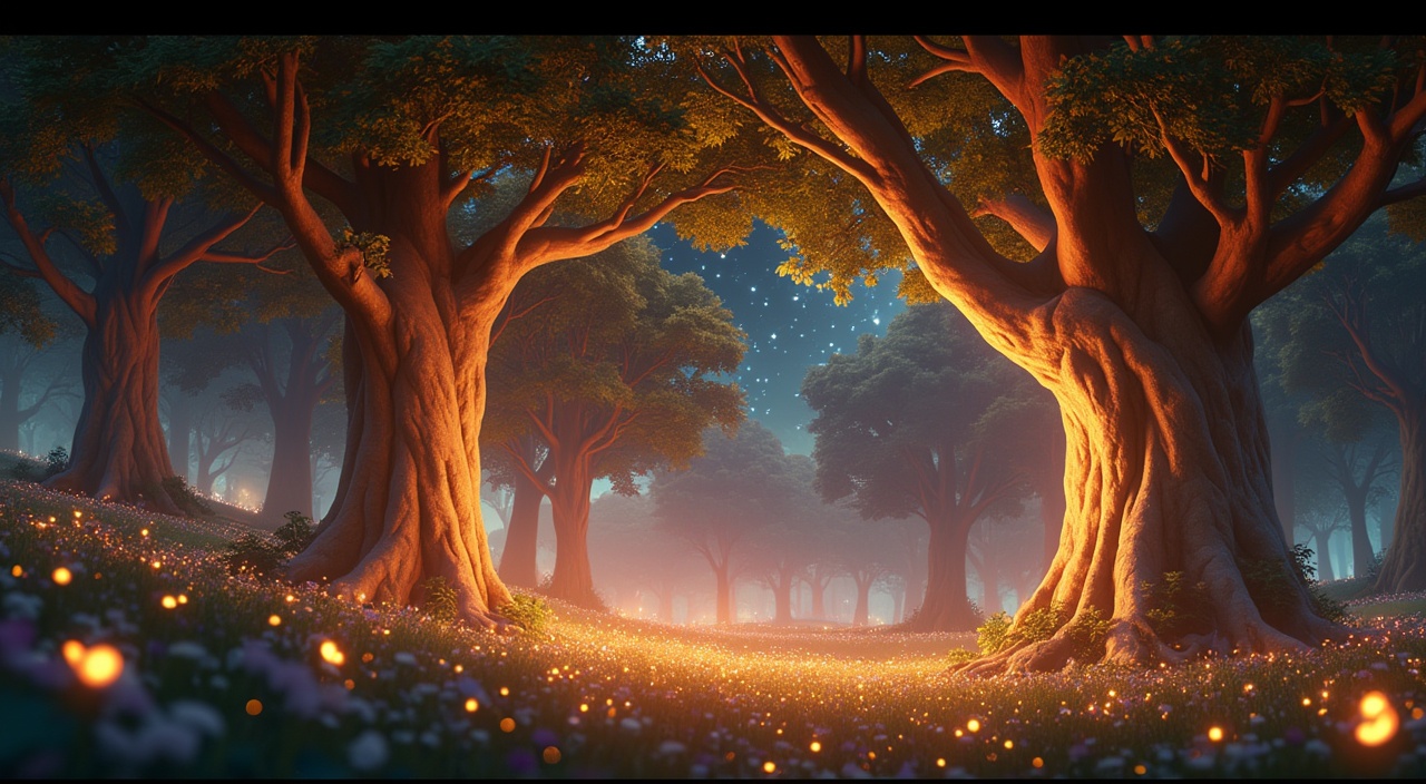 AI generated image by FLUX.1-pro: A magical forest at twilight, with enormous glowing trees in golden and silver hues, their branches forming a canopy of light. The atmosphere feels peaceful yet mysterious, with softly glowing flowers on the ground and a starry sky peeking through the trees. The scene conveys awe and wonder. -ar 16:9 Disney Pixar Style