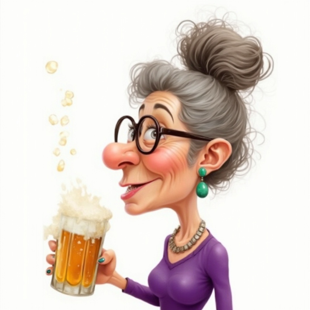 AI generated image by FLUX-Realism-Lora:  cute caricature side view of a older woman with an exaggerated, stylized caricature-like expression on her face, pursing her lips as if to whistle. She has a tall bun of gray-brown hair, wears large round glasses and a purple top with a visible thin necklace and a single drop earring made of green stone. She holds a glass cup full of frothy beer, with golden liquid splashing over the rim.,Rendering in Native 4K. 50 pixels ,oil painting, white background