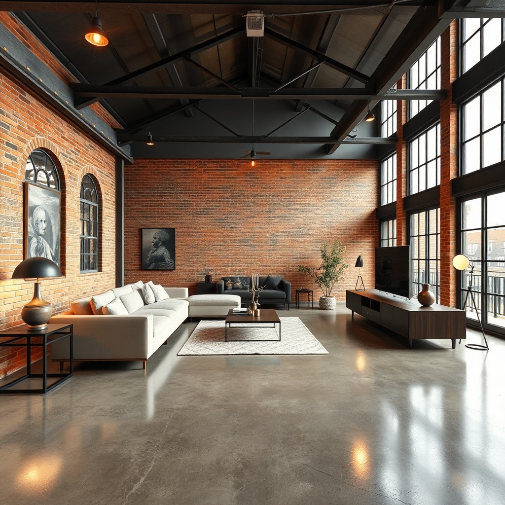 AI generated image by FLUX.1-schnell: A hyper-realistic photo of an industrial-style decorated living room. Exposed brick walls are painted a cool grey, with raw metal beams traversing the high ceiling. Polished concrete floors gleam under the warm glow of pendant lights. Modern furniture is arranged in a conversation-friendly layout. A large, plush sectional sofa in a neutral tone anchors the space. A sleek, minimalist entertainment center with clean lines sits against the opposite wall. Large windows framed in black steel offer a view of London The room is decorated with a few industrial-chic accents, such as metallic sculptures and vintage lamps. There is a clear space in the center of the room suitable for placing a coffee table. Aspect ratio: 16:9 High resolution: 4k. Lighting: Natural light from the windows, supplemented by warm ambient lighting from the pendant lights