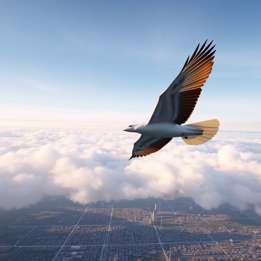 AI generated image by FLUX.1-schnell: Generate a photorealistic view of a bird flying beside a plane, above the clouds, with a city on the bottom