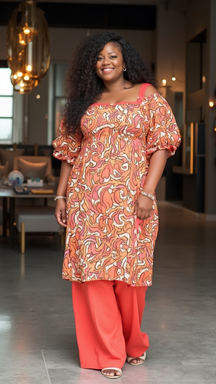 AI generated image by FLUX-Realism-Lora: Square Neckline with Bishop Sleeves: "Ankara Tunic Dress with Pants: Design an image of a chubby, curvy African woman wearing a modest Ankara tunic dress paired with matching wide-leg pants. The tunic falls just below the knees, features a square neckline, and has bishop sleeves that gather at the wrists. The Ankara fabric is patterned with coral and cream motifs with hints of gold shimmer. Her hair is styled in a side braid that drapes over her shoulder with curled tips. The background is a modern showroom with floor-to-ceiling mirrors, sleek pendant lights, and a polished concrete floor."