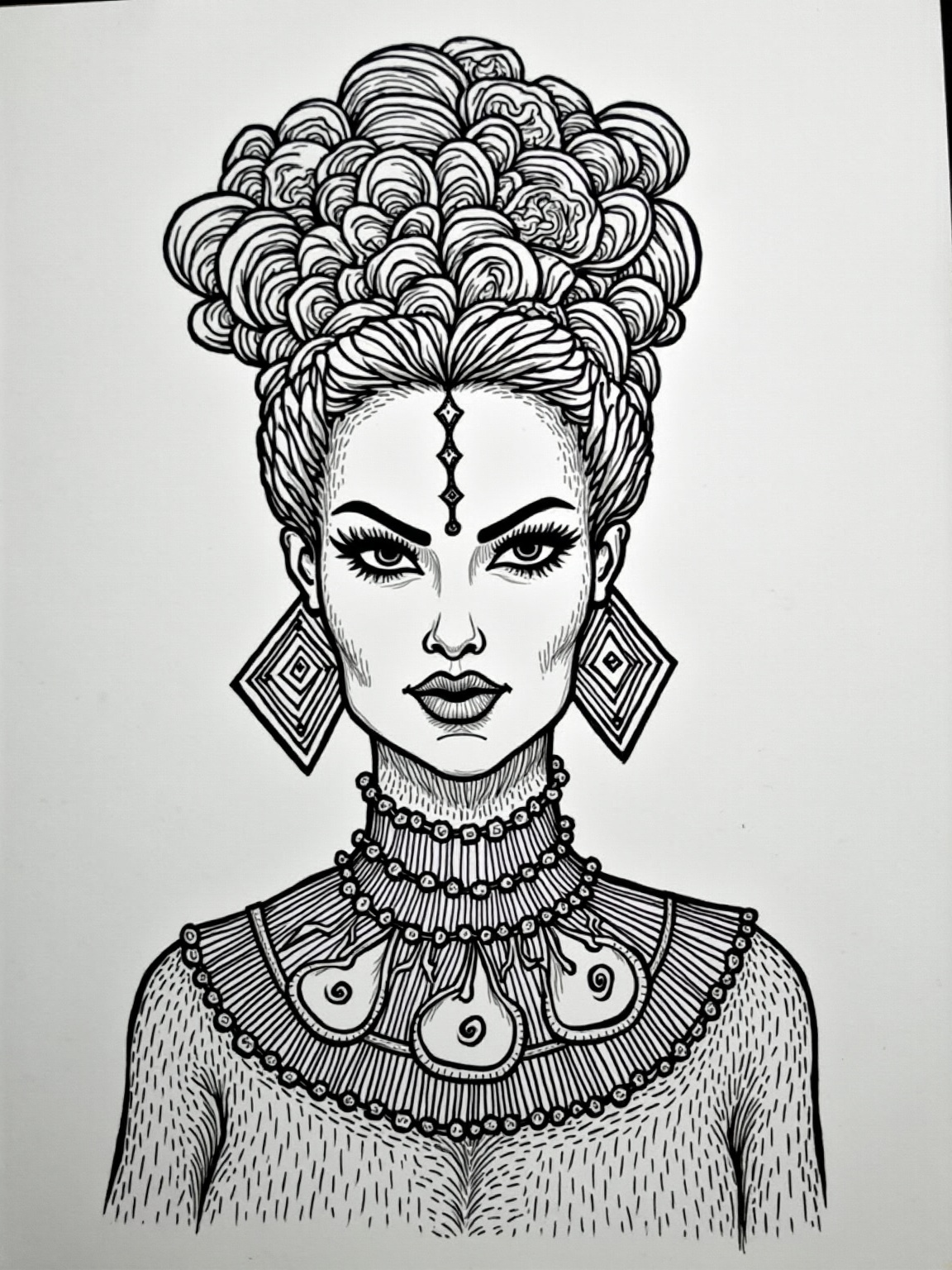 AI generated image by FLUX.1-image-to-image: a black-and-white ink sketch of a woman with striking facial features and an elaborate hairstyle. Her hair is styled in a voluminous, curly updo with detailed linework creating texture. She has arched eyebrows, expressive eyes, a defined nose, and full lips. Her face is adorned with a decorative headpiece featuring three small dangling elements at the forehead.

She wears large, square earrings and a thick, segmented necklace with intricate swirling designs on each piece. Her clothing appears textured, with cross-hatching and shading techniques adding depth to the drawing.

The sketch has an expressive and artistic style, with bold strokes and fine details creating a strong, regal presence. The subject conveys confidence and elegance, enhanced by the intricate accessories and stylized hair.