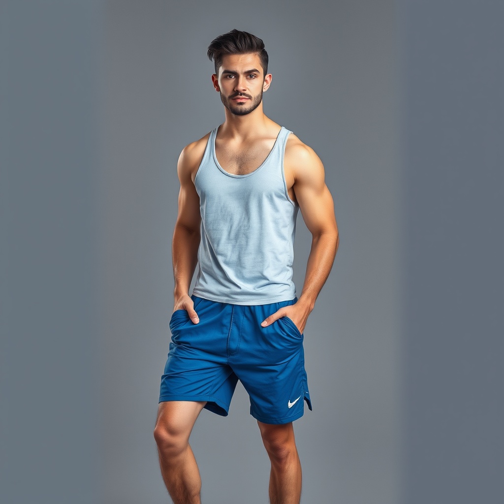 AI generated image by FLUX.1-schnell: Foto realista de cuerpo completo de un joven hombre de 30 años apuesto de piel blanco con el pelo de color negro peinado moderno ojos azules y barba bien cuidada lleva puesto una camisa mangas cortas azul claro y un shorts azul oscuro con un par de zapatillas deportivas de marcas.