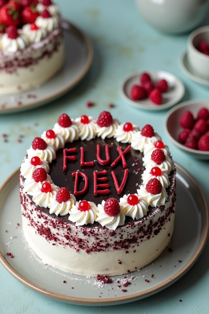 AI generated image by FLUX.1-image-to-image: black forest gateau cake spelling out the words "FLUX DEV", tasty, food photography, dynamic shot