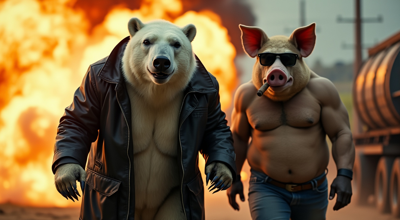 AI generated image by FLUX.1-pro: Create a Grainy movie still encapsulating a dramatic, gritty action scene. A white polar bear and a rough-skinned pig, both anthropomorphized and hip-looking, are the characters of focus. The polar bear is flaunting a black leather coat, and both characters sport stylish shades. The pig is smoking a cigar. They strut forward against the backdrop of a fiery explosion of an oil tanker semi truck, evoking aesthetic elements often seen in popular high-octane action films of the 2000s. 

